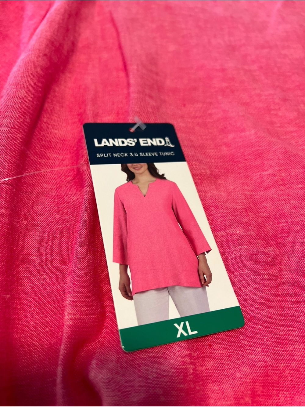 Lands' End XL Pink Split-Neck 3/4 sleeve Tunic Linen Blend Summer Pockets Costco